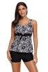 Sexy Black Damask Floral Print Bowknot Detail Tankini Set